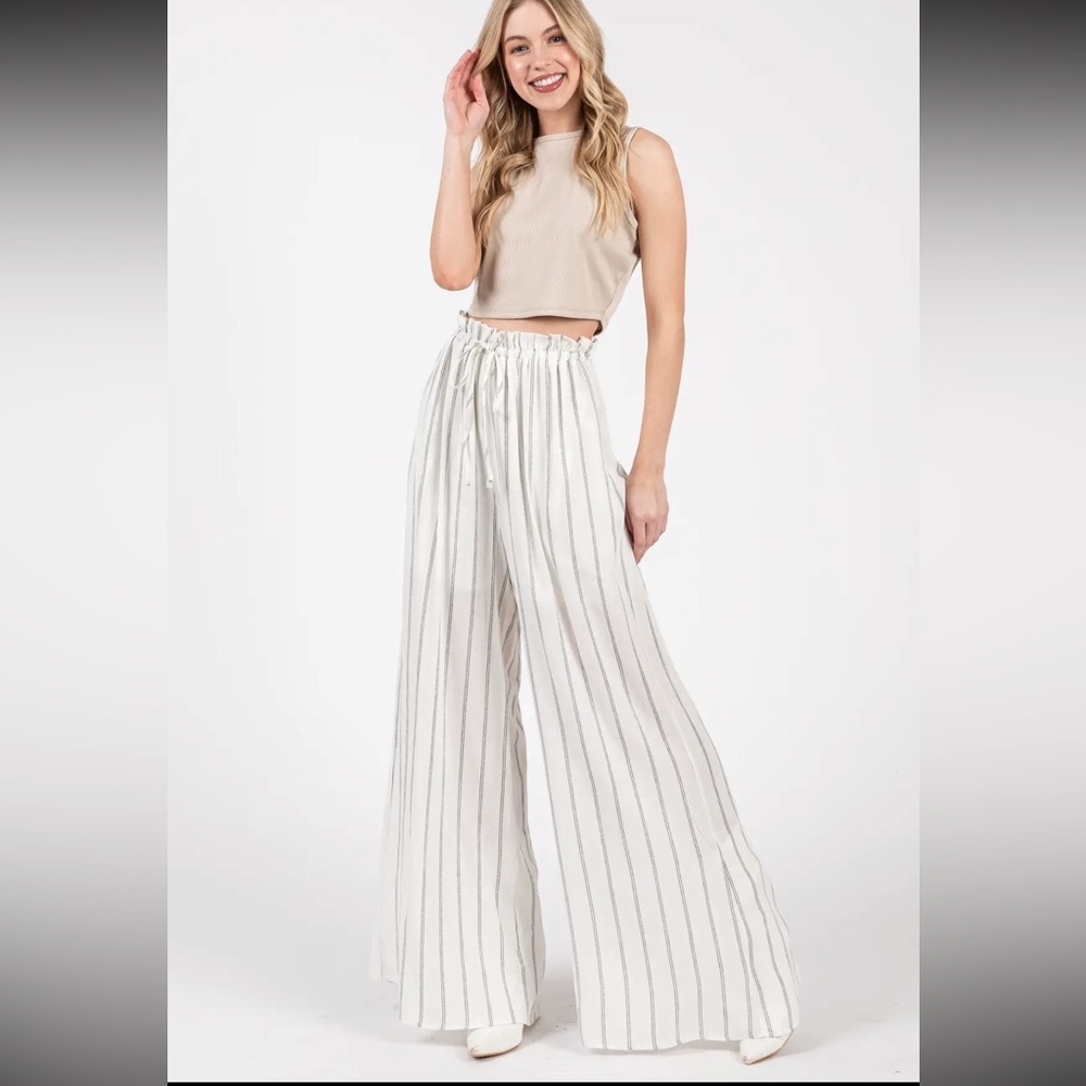 ShopEvelynne Cream and Gray Striped Wide Leg Pants